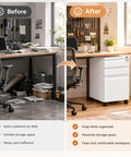 Before and after of a workspace featuring Built Tough As Nails Three Drawer Rolling Tool Chest With Swivel Wheels And Heavy Duty Locks.