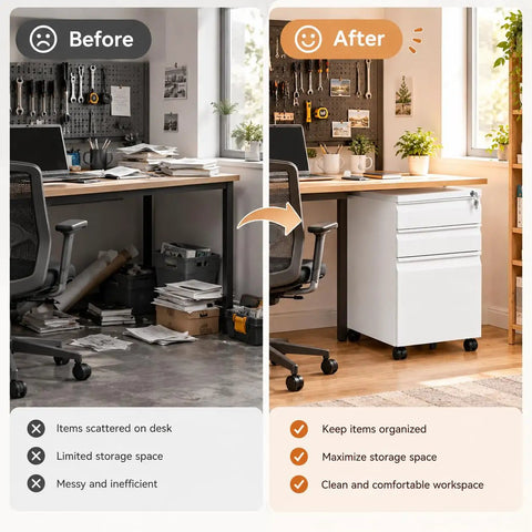 Before and after of a workspace featuring Built Tough As Nails Three Drawer Rolling Tool Chest With Swivel Wheels And Heavy Duty Locks.