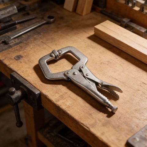 Solid 9 Inch Locking C Clamp Steel Welding Pliers Grip Wood Tenon Locator With Wide Jaws on workbench with wood pieces.