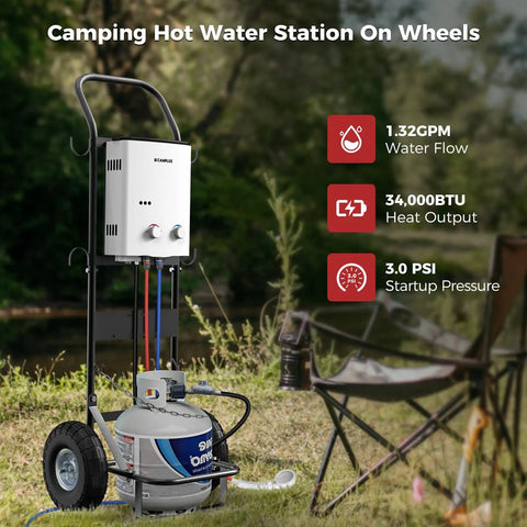 5L Portable Tankless Water Heater For Camping And RV Off Grid Use With Propane Shower on wheels near camp area