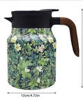 Vintage Floral Pattern Tea Pot With Built-In Infuser, green floral print, wooden handle, 800ml insulated stainless steel thermal carafe