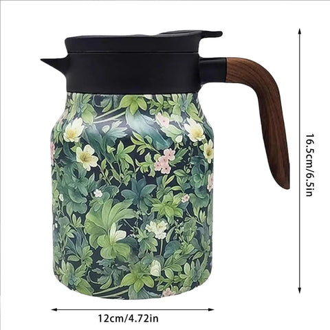 Vintage Floral Pattern Tea Pot With Built-In Infuser, green floral print, wooden handle, 800ml insulated stainless steel thermal carafe