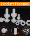 All In One White Nylon Pan Head Screws And Nuts Kit With Washers shown with bolts, washers, and nuts visible