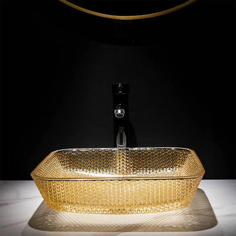 USZWBY Yellow Square Shape Tempered Glass Bathroom Vessel Sink with Waterfall Tap Modern Artistic Vessel Sink with Pop Up Drain, Counter Top Installation on a white countertop