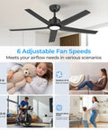 52 Inch Black Ceiling Fan With Light And Remote Control 3CCT Quiet DC Motor 5 Blade Modern Farmhouse Style for Living Room