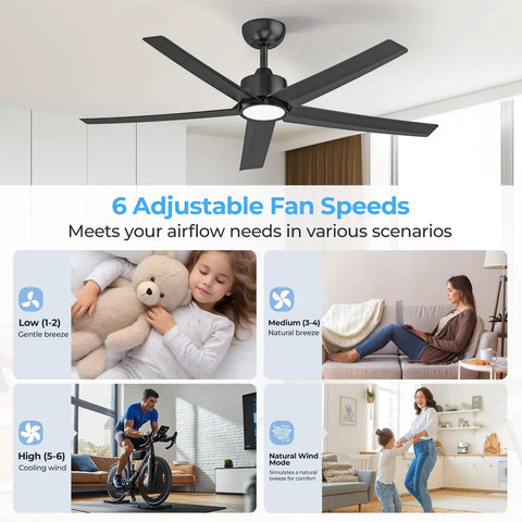 52 Inch Black Ceiling Fan With Light And Remote Control 3CCT Quiet DC Motor 5 Blade Modern Farmhouse Style for Living Room