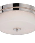Three Light Flush Mount From Parallel Collection With Etched Opal Glass Dome In Polished Nickel Finish Transitional Close To Ceiling Lighting Fixture For Living Room Hallway Kitchen And Entryway Modern Home Decor