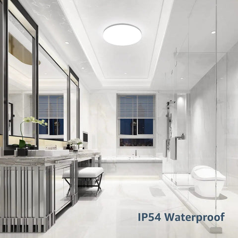 11 Inch Flush Mount LED Ceiling Light 24W 2400 Lumen Not Dimmable Waterproof IP54 Daylight White 5000K in a modern bathroom
