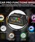 ICar Pro Mini OBD2 Bluetooth Scanner For iOS And Android Pro Diagnostic Tool and Code Reader display with functions brief