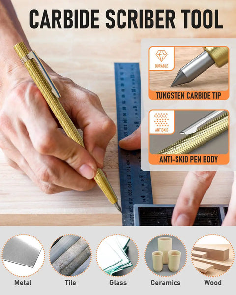 Close-up of carbide scribe tool with tungsten tip marking wood, used in Top Shelf Mechanical Carpenter Pencils With 16 Hefty Tips And Deep Hole Markers Plus 42 Bright Lead Refills And Trusty Scribe Tool For No Sweat Marking And Fast Layouts.