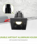 Close-up of Top Shelf Square Led Recessed Downlights With Slick Integrated Junction Box Hella Bright 7 Watt showing aluminum housing.