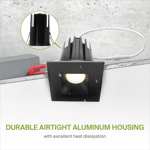 Close-up of Top Shelf Square Led Recessed Downlights With Slick Integrated Junction Box Hella Bright 7 Watt showing aluminum housing.