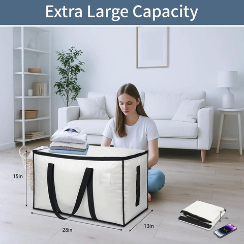 Woman sitting with clear 6 Pack Extra Large Heavy Duty Moving Bags Set Waterproof Storage Totes With Handles And Zippers Foldable 95L