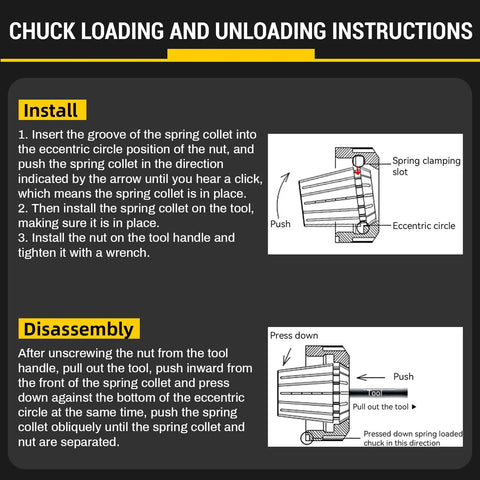 Diagram showing installation and disassembly instructions for D23mm Spring Collet Chuck For CNC Engraving And Milling Lathe Tools.