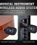 Wireless Guitar System With Transmitter And Receiver Built In Rechargeable Battery shown on guitar