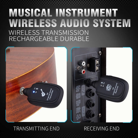 Wireless Guitar System With Transmitter And Receiver Built In Rechargeable Battery shown on guitar