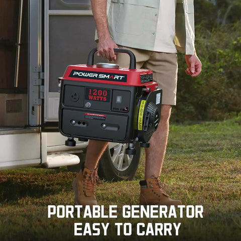 Gas Powered 1200W Portable Generator For Camping And Tailgating, Ultralight 34 Lbs With Ergonomic Carry Handle, shown being carried.