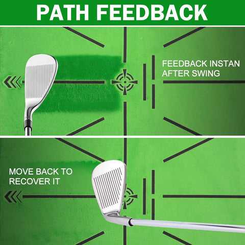 Golf club impact on velvet surface showing path feedback on Indoor And Outdoor Golf Practice Mat Set With Replaceable Fairway And Rough Turf Mats Dual Turf Design Velvet Surface Impact Tracker No Slip Heavy Duty Rubber Base Includes Ball Holders And Practice Balls.