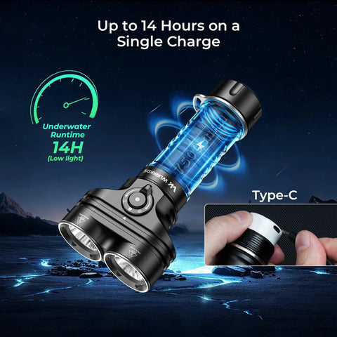 DL05 6000LM Scuba Dive Light for Night Diving and Snorkeling Beast Bright Underwater Flashlight dual-head close-up