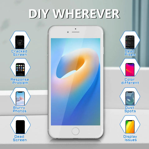 Iphone 7 Plus Screen Replacement Complete Assembly With Home Button White 5.5 Inch LCD Digitizer 3D Touch Front Glass Front Camera Ear Speaker Repair Tool Kit A1661 A1784 A1785 displayed with icons indicating common screen issues