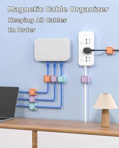 Magnetic Cable Clips And Adjustable Cord Holders For Home Office Desk Car Wall And Nightstand Adhesive Wire Keeper Organizer Keeps Type C USB HDMI Cables Neatly Routed 8 Pack Crystal Multicolor installed on a wall.