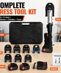 Heavy Duty 60KN Brushless Cordless Pipe Crimping Tool With 18V Battery Hydraulic Press Kit For Copper Tubing Includes Six Jaws arranged in a case.