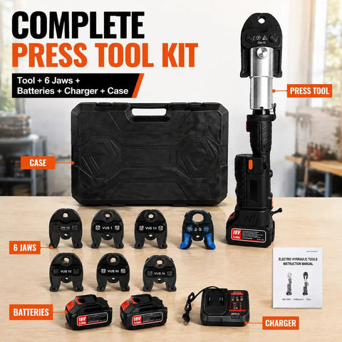Heavy Duty 60KN Brushless Cordless Pipe Crimping Tool With 18V Battery Hydraulic Press Kit For Copper Tubing Includes Six Jaws arranged in a case.