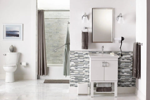 Modern bathroom with Voss Slick Brushed Nickel 24-Inch Towel Bar Wall Mounted For Bathroom Upgrade, Warm Gray Finish, Model YB5124BN