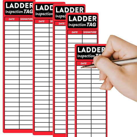 Heavy Duty Red Ladder Inspection Labels 120 Pack Real Deal Safety Stickers For Job Site Checks and Crew Step Tagging showing tags with log grid.