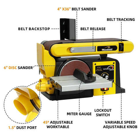 Variable Speed Belt And Disc Sander For Woodworking, 4 X 36 Inch Belt And 6 Inch Disc, 2000 4000 RPM, Benchtop Combo