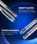 Tap and die tools: three taps and two dies in metallic steel with blue-tinted ends on blue background
