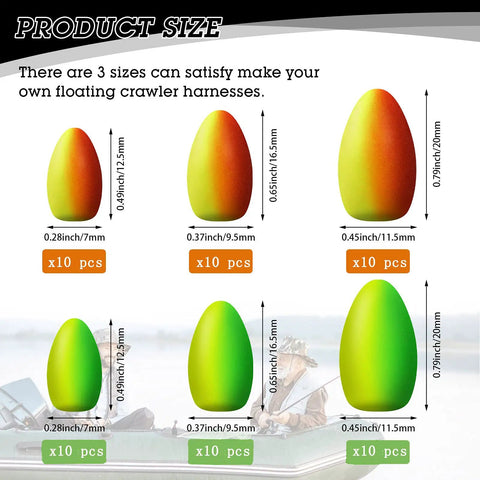 60 Piece Foam Floats Set For Fishing, Bullet Shaped Floats For Snell Rigs, Pompano Gear in 3 sizes and colors, product size chart