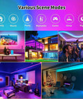 Various scenes using 100ft USB Powered RGB LED Strip Lights For Bedroom TV Backlight And Gaming Setup Color Changing Mood Lighting