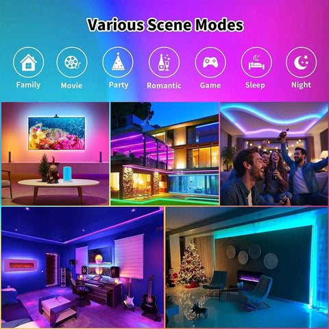Various scenes using 100ft USB Powered RGB LED Strip Lights For Bedroom TV Backlight And Gaming Setup Color Changing Mood Lighting