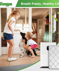 Children and dog in living room with HE401 Replacement Filter For Air Purifier 4 Series; filter and purifier inset