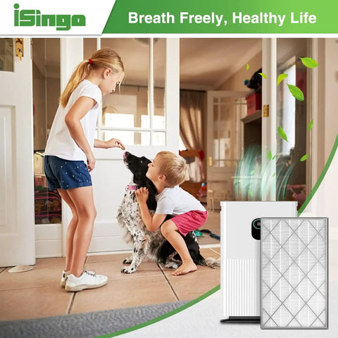 Children and dog in living room with HE401 Replacement Filter For Air Purifier 4 Series; filter and purifier inset