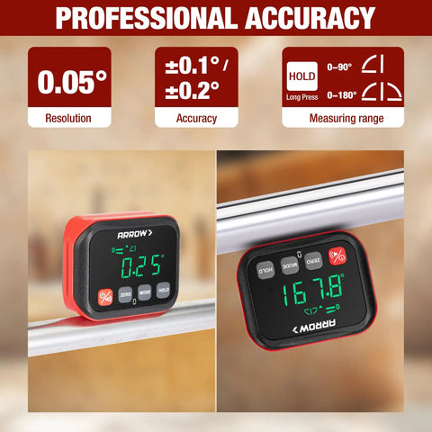 Job Site Ready Digital Angle Gauge And Knockout Precision Electronic Protractor Finder With Bullseye Accuracy showing readings of 0.25° and 167.8°.