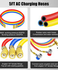 Image showing 5ft AC charging hoses and rubber nylon resin hoses from 3 Way Car HVAC Manifold Gauge Set With Hoses And Quick Coupler Adapter For R134a R404a Refrigerant Charging Tool Kit For Auto AC Diagnostic Test And Recharge.