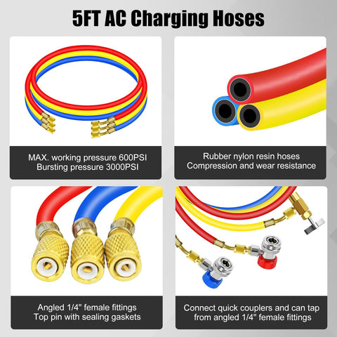 Image showing 5ft AC charging hoses and rubber nylon resin hoses from 3 Way Car HVAC Manifold Gauge Set With Hoses And Quick Coupler Adapter For R134a R404a Refrigerant Charging Tool Kit For Auto AC Diagnostic Test And Recharge.