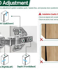 Top Shelf Full Overlay Kitchen Cabinet Door Hinges 10 Pack 105 Degree Frameless Concealed Soft Close Adjustable Mounting Hardware For Older Homes No Sweat Quick Swap Install 3D adjustment guide for hinge installation.