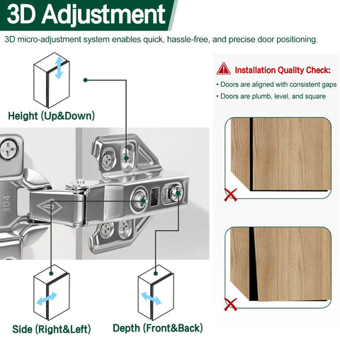 Top Shelf Full Overlay Kitchen Cabinet Door Hinges 10 Pack 105 Degree Frameless Concealed Soft Close Adjustable Mounting Hardware For Older Homes No Sweat Quick Swap Install 3D adjustment guide for hinge installation.