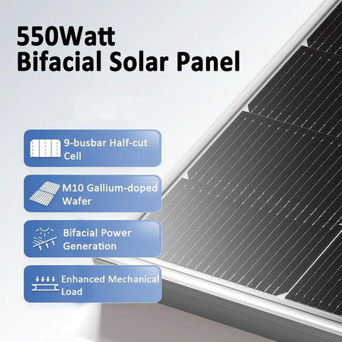 Close-up of 550W Bifacial Solar Panel showcasing 9-busbar cells and M10 Gallium-doped wafer for off-grid solar system.
