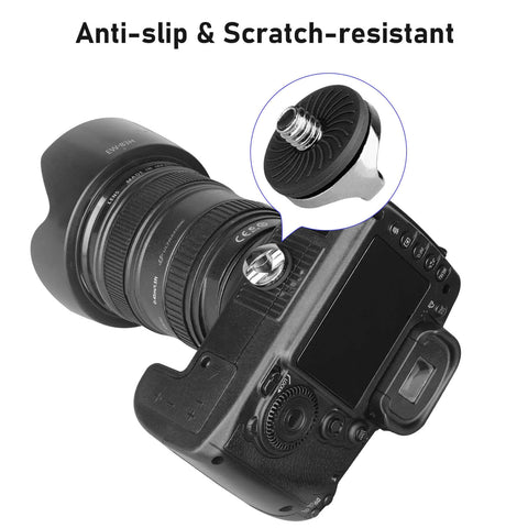 Two Pack Thumb Screw Quick Release Adapter With Four Rubber Washers One Quarter Inch Male To One Quarter Inch Female Thread L Bracket Mount attached to camera.