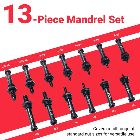 13-piece mandrel set in Rivet Nut Drill Adapter Kit With 13 Mandrels And 290 Rivet Nuts Converts Cordless Drill