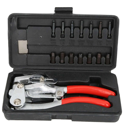 Hand Held Hole Punch Kit For Steel And Metal With Adjustable Depth Pliers in protective case, showing tools and interchangeable heads.