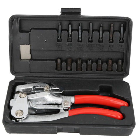 Handheld Hole Punch Pliers Kit For Sheet Metal With 16 Tip Set 2 To 7mm And Stepless Depth Adjust 6 To 41mm Built Tough For Thin Iron Panels And Ceiling Installations Easy Grip Durable Carbon Steel Construction in case