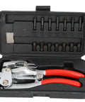 Heavy Duty Handheld Hole Punch Kit For Sheet Metal And More with red handles and 7 punch sizes for leather, fabric, and plastic