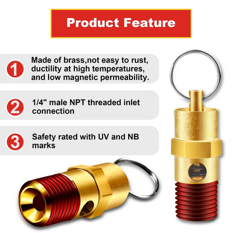 Two brass 1/4-inch NPT air compressor pressure relief valves, 175 PSI, front view