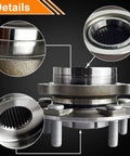 Close-up details of front and rear wheel bearing hubs with ABS 5 lug replacement kit for 2017 to 2023 Elantra Elantra GT Ioniq Kona Veloster Veloster N Niro Seltos durable bearings for longevity and smooth performance with easy fit and quick installation for a quiet ride