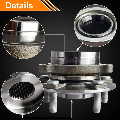 Close-up details of front and rear wheel bearing hubs with ABS 5 lug replacement kit for 2017 to 2023 Elantra Elantra GT Ioniq Kona Veloster Veloster N Niro Seltos durable bearings for longevity and smooth performance with easy fit and quick installation for a quiet ride